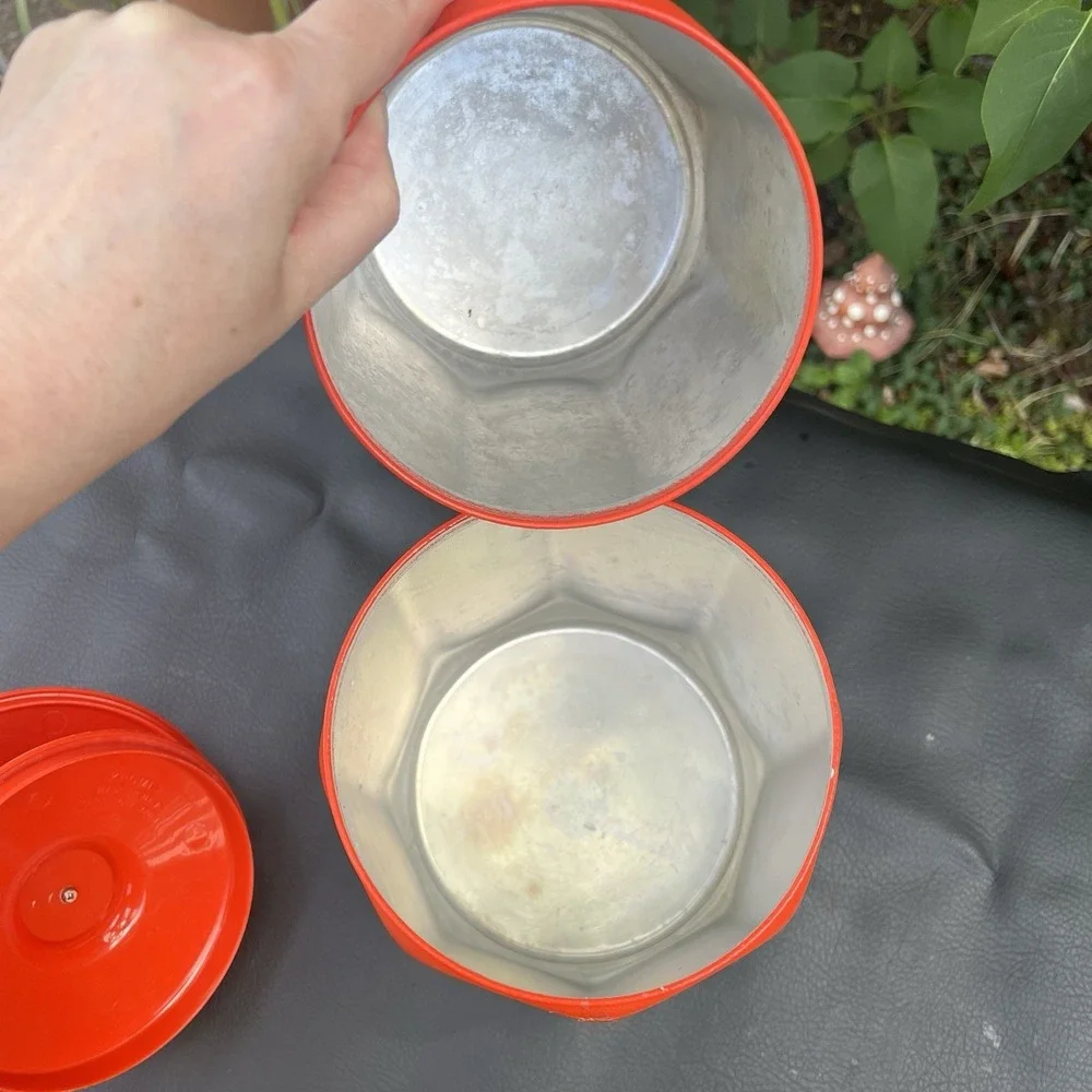 Kromex  Aluminum Canisters Set of 2 1970s Retro Kitchen Decor Orange